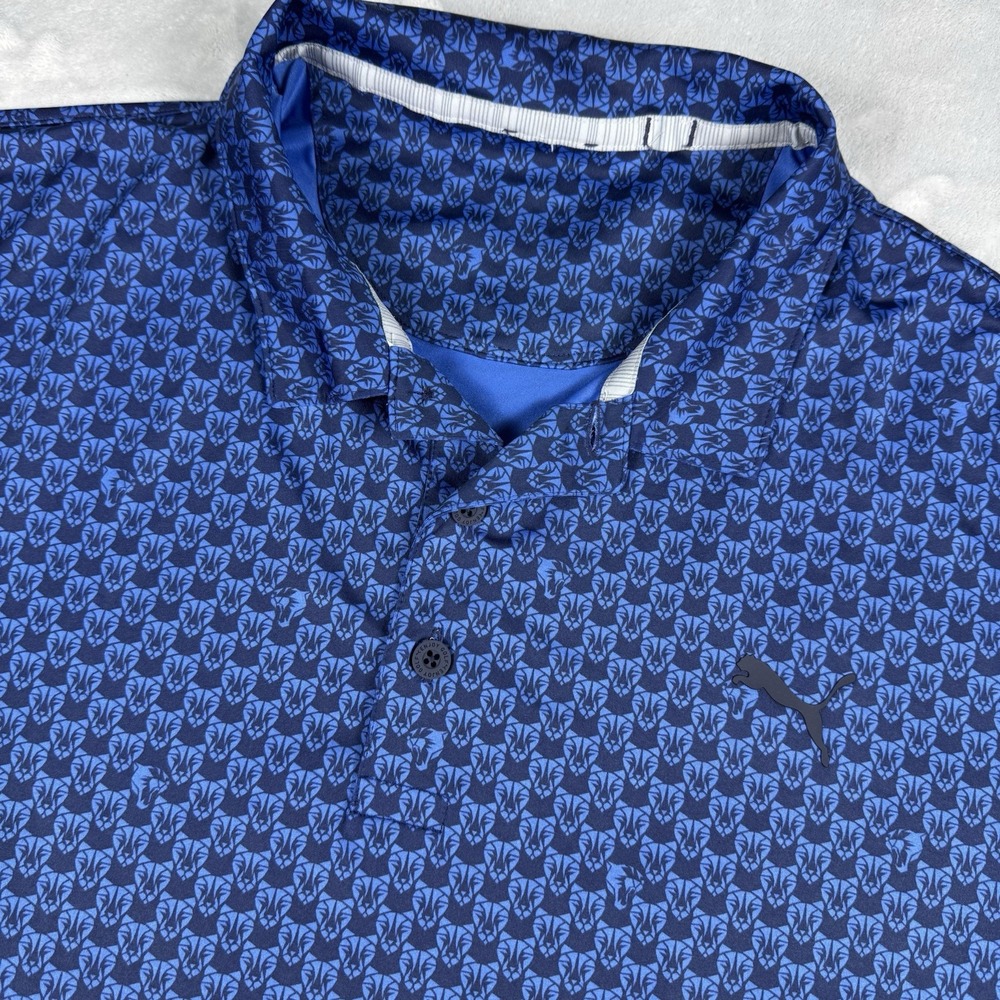 Puma Golf Mens Blue Geometric Cat Head Pattern Performance Polo Shirt Large